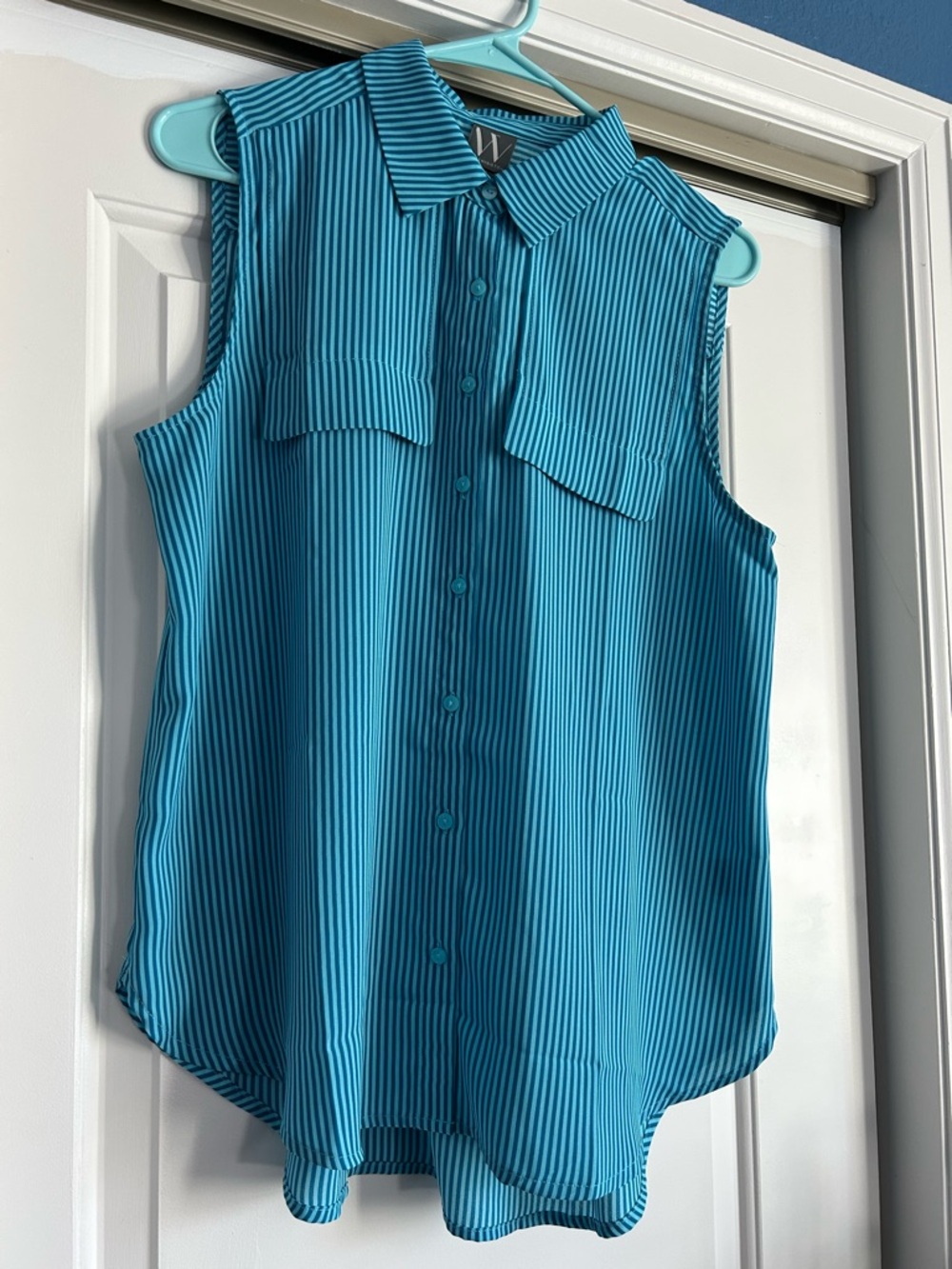 Worthington Teal Striped Sleeveless Button-Front Blouse